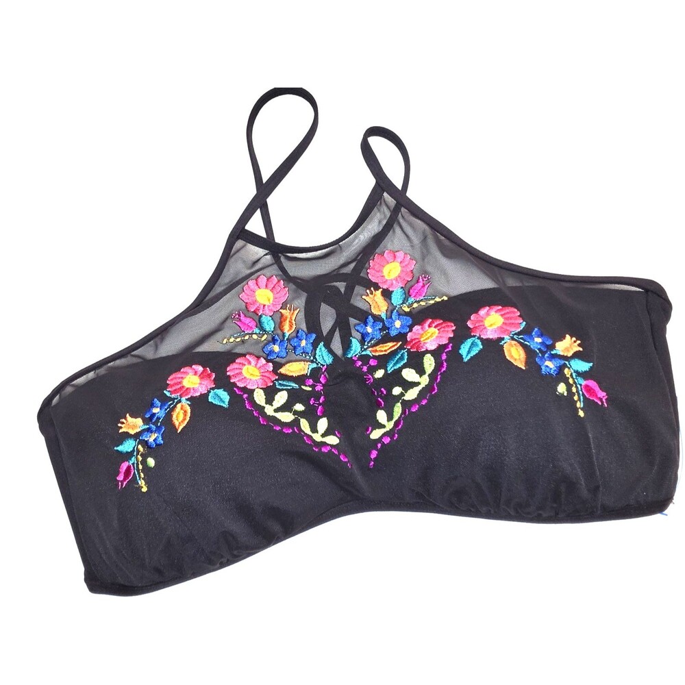 Kenneth Cole Reaction Padded Top (Swim Or Work-Out) Embroidered Black Floral L